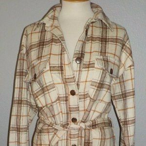 OAT FOR MACY'S WOMEN'S SIZE SMALL BROWN PLAID BELTED WAIST BUTTON FRONT JACKET